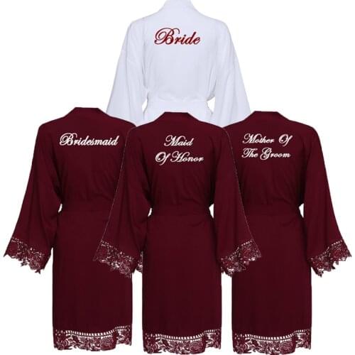 Rayon Cotton Robe Lace Robe Bride Robe Wedding Party Bridesmaid Bride Dressing Gown Bridal Bathrobe Burgundy White Print