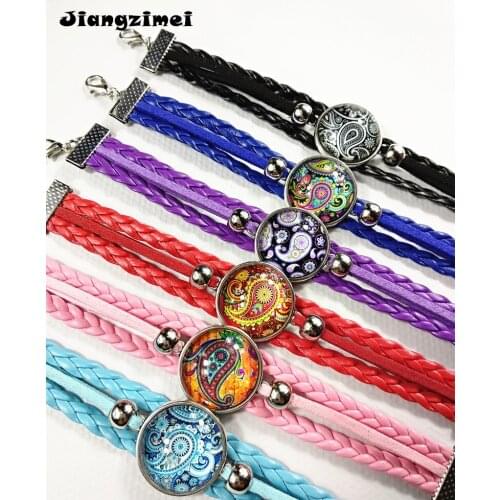 Jiangzimei24pc Bandanna Mandala Flower Buddhism Glass Cabochon Bracelets Paisley Leather Charm bracelet for women girl best gift