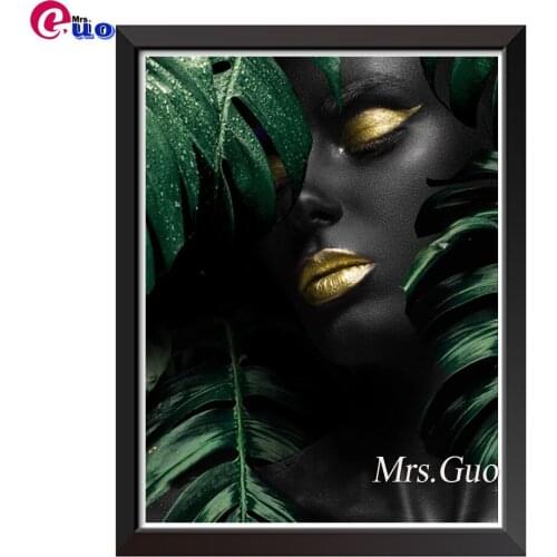 Full Drill Square Crystal Paintings Modern Art,African Black Woman,Green Leaves Diamond Embroidery Round 5d Diy Artwork