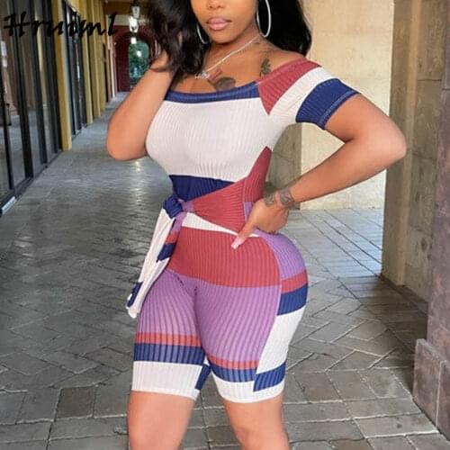 Dropshipping Womens Bodysuit Color Matching Off Shoulder Slim Lace-up Womens Jumpsuit Streetwear Rib Knitted Summer Overalls