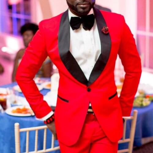 Red Wedding Groom Tuxedos 2020 New Style Two Piece Black Shawl Lapel Formal Men Suits Custom Made (Jacket + Pants)