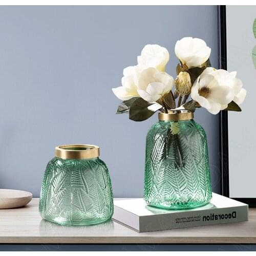 Creative Relief Craft Coloed Glaze Vase Nordic Modern Classical Golden Stroke Embossing Green Glass Transparent Hydroponic Vases