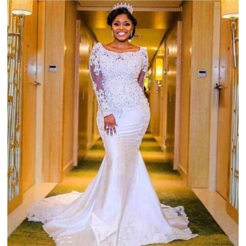 Nigerian Wedding Dresses satin scoop Sheer Lace Appliqued Long Sleeves Chapel Train Length African Black Girl Bridal Gowns