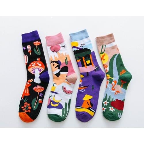 Fashion Men Cotton Socks Abstract Plant Natural Pattern Creative Harajuku Funny Korean Style Cute Crew Casual Street Art socks