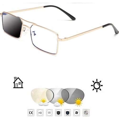 Small Square Double Bridge Gold Men Photochromic Grey Reading Glasses +0.75 +1 +1.25 +1.5 +1.75 +2 +2.25 +2.5 +2.75 To +4