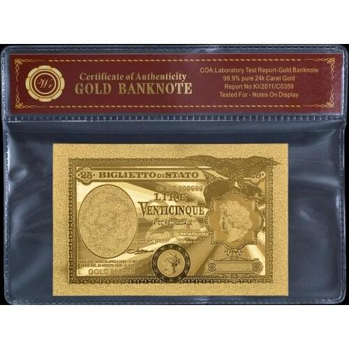Italy Banknotes Gold Leaf Plated Italy 25 Lire With Certificate And PVC Hold