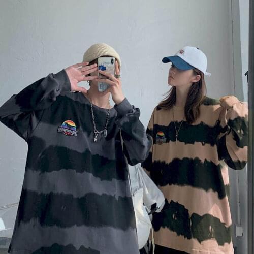 Couple Spring Autum Tshirt Women T Shirt Striped Couple Wear Niche Design Sense Shirt Male Hong Kong Style Loose T-shirt