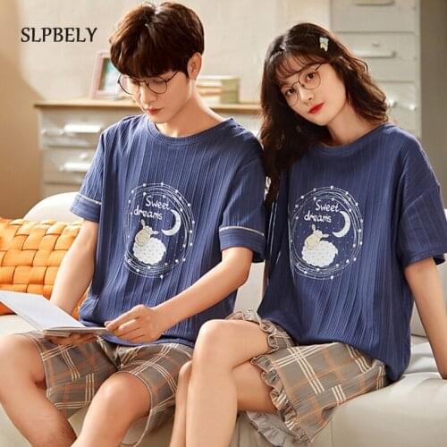 SLPBELY Couple Pajamas Set Summer Femme Male Pyjamas Cartoon Cotton Short Sleeved Homewear Lover Pijamas Sleepwear Sleepwear