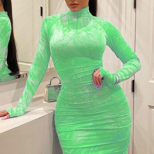 Long Sleeve Dress woman casual Zipper Frilly Bodycon Dress Tie dye Large sizes 5XL Midi Dress knee 2021 Party clothes Green