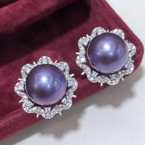D426 Pearl Earrings Fine Jewelry 925 Sterling Silver Round 11-12mm Natural Fresh Water Purple Pearls Stud Earrings for Women