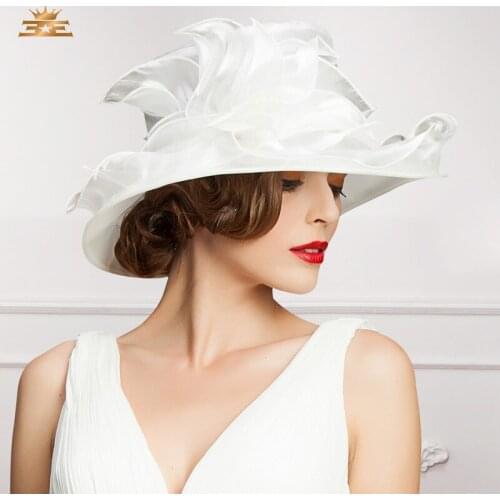 Ladies Wedding Hat Summer Large Wide Brim Organza Fedora Hat Women Summer Floral Mesh Gauze Top Kentucky Church Hats B-8202