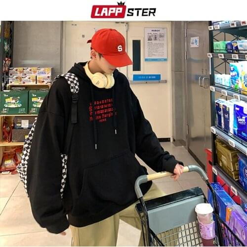 LAPPSTER Men Embroidery Letter Harajuku Hoodies 2021 Mens Japanese Streetwear Black Hooded Hoodie Male Y2k Oversized Sweatshirts