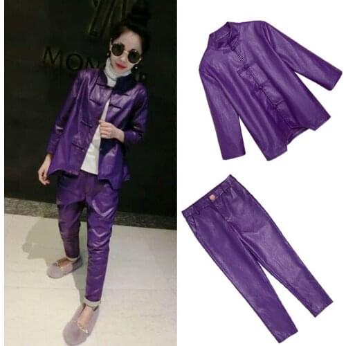 Womens personality fashion suit female Chinese style retro improved Tang suit imported PU leather clothing buckle set clothes