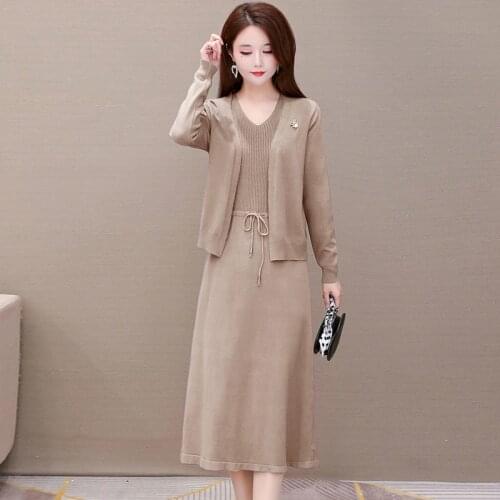 2021 Woman Winter Solid Thick Knitted Sweater Clothing Female Bottom Long Sleeve Dresses Ladies Elegant Temperament Suits Q98