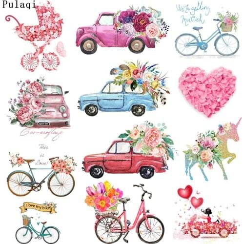 Car With Flowers Patches Iron On Patches For Clothing Bicycle with flowers Thermal Sticker On Clothes DIY Iron On Transfer Love