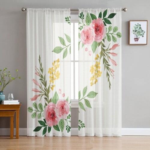 Beautiful Watercolor Flowers Sheer Curtain for Living Room Bedroom Kitchen Modern Tulle Window Treatment Home Decor