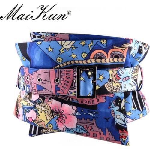 Luxury Flower Pattern Wide Belts for Women Dress Belts Wrap Around Fabric Waistband for Jeans Golden Buckle Clothing Accessory