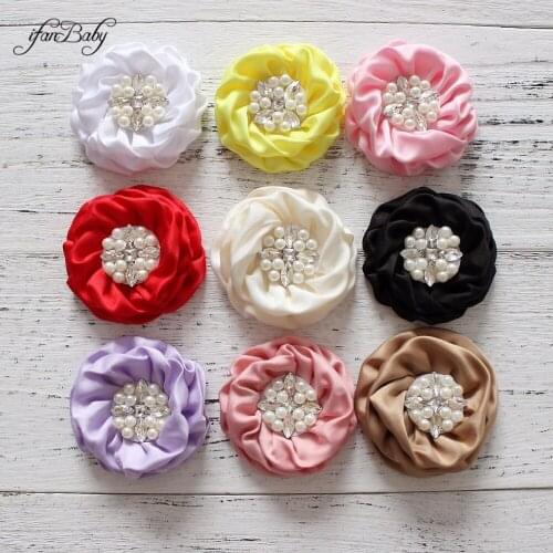 Matte Satin Rolled Flower pearl rhinestone center Rose Flower for headband 7-7.5cm women girl kids flower