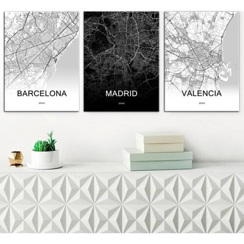 World Travel Map Posters and Prints Black and White Madrid Maps Valencia Map Barcelona Spain City Wall Decoration Canvas