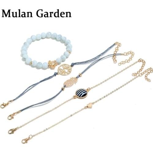 M&G Boho Trendy Multilayer Charm Bracelets for Women Round Rhinestone Bead Turtle Pineapple Heart Bracelet Set Fashion Jewelry