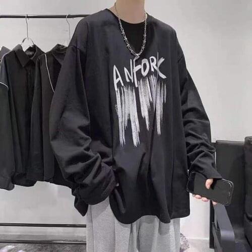 Letter printed t-shirt men long-sleeved t-shirts 2021 new spring autumn Korean fashion preppy style o-neck loose clothes trend