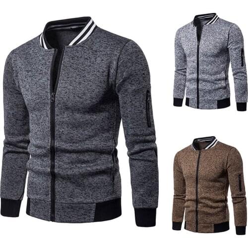 Mens Sweatshirts Ribbed Stand Collar Fashion Casual Cardigan Tops Long Sleeve Knitted Patchwork Jacket Coat