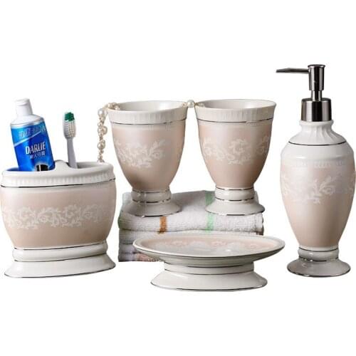 Bathroom Accessories Set Ceramic Soap Dispenser Toothbrush Holder Gargle Cup 5 Pieces Bathroom Product Set Wedding Gifts
