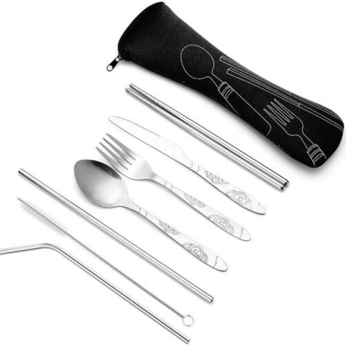 7Pcs/set Tableware Set Reusable Travel Set Camp Utensils Set Stainless Steel Spoon Fork Portable Lunch Tableware Cutlery Set
