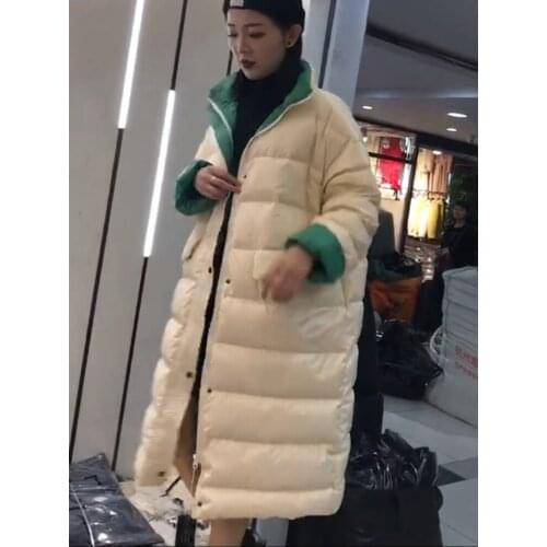 Simple contrast color parka jacket long Women Down Jacket Warm Plus Casual warm outerwear winter knee down jacket beige&green bl