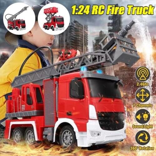 1:24 7 Channels 2.4G Remote Control Electric Fire Rescue Truck RC Water Spray Fire Truck Music Light engineering rc truck