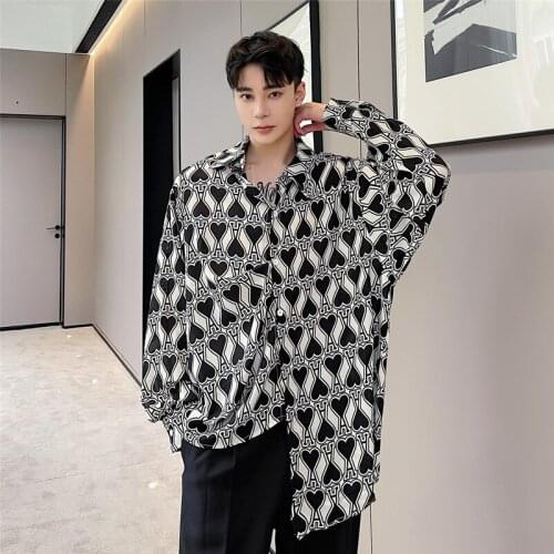 Mens Shirt Korean Style Harajuku Streetwear Vintage Printed Long Sleeve Loose Casual Shirts Male Dress Shirts Man