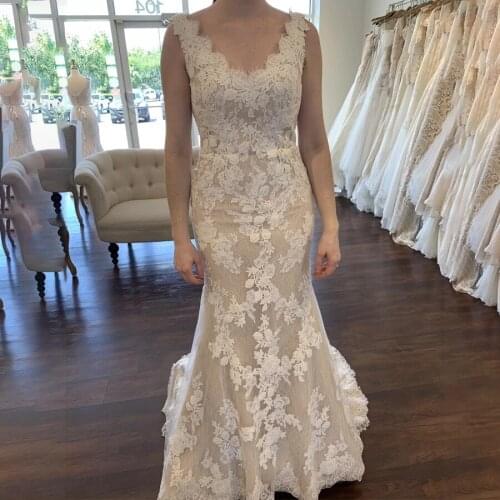 Chic Full Lace Mermaid Wedding Dresses Sexy V Neck Appliques Customized Made Bridal Dress Long Backless Bride Gowns