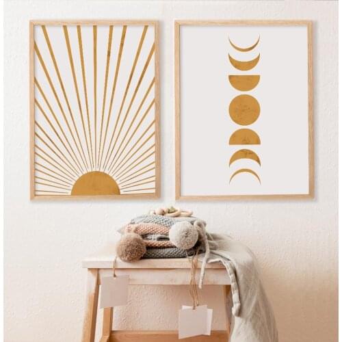 Sun and Moon Phases Boho Yellow and Beige Mid Century Canvas Painting Nursery Picture Poster Print Kids Room Wall Art Home Decor