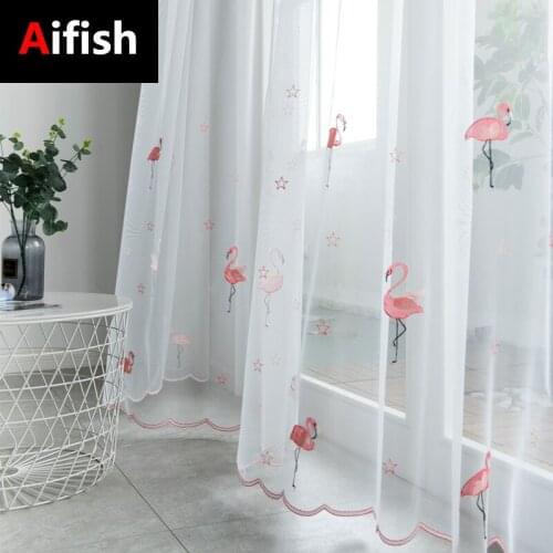 Pink Flamingos Embroidered Voile Tulle Curtains For Boys Girls Children Kids Bedroom Nursery Cute Cartoon French Window Gauze 3