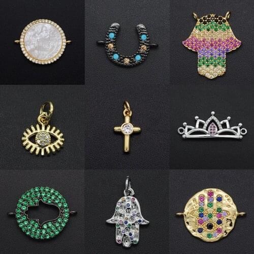 Gorgeous Diy Hamsa Hand CZ Charms Wholesale Cross Necklace Pendant Zircon Crown Connector For Jewelry Virgin Mary Making