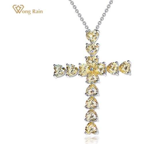 Wong Rain 925 Sterling Silver Heart Cut Created Moissanite Gemstone Anniversary Birthday Cross Pendant Necklace Fine Jewelry