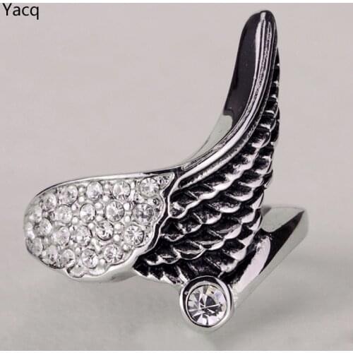 YACQ Stainless Steel Angel Wing Ring Women Biker Bling Jewelry Antique Gold Silver Color W Crystal KR04 Wholesale Dropshipping
