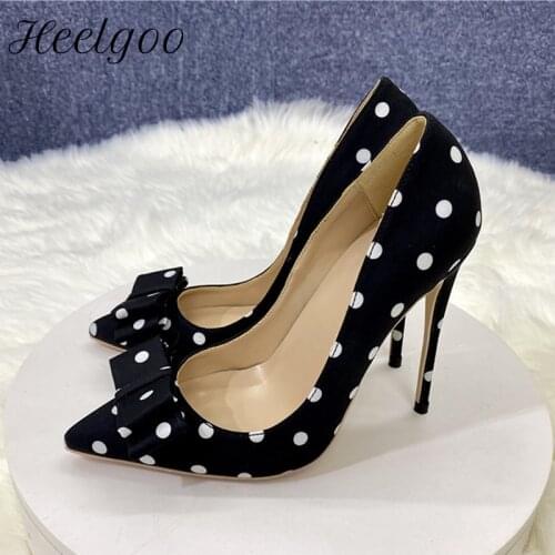 Heelgoo Polka Dot Bow Women Satin Fabric Pointy Toe High Heel Shoes Elegant Ladies Party Dress Stiletto Pumps Size 33-45 Black