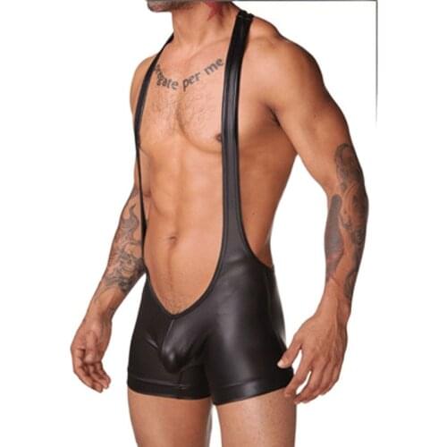 Sexy Leotards Jumpsuit Mens Faux Leather Hollow-Out Outfit Suspenders Bodysuit Garments Dew Chest Backless Bars Clubs Costumes