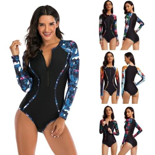 Lady Surfing One Piece Swimsuit Print Long Sleeve Women Zipper Rash Guard Swimwear Bathing Suit Female Surfing Swimming Suit