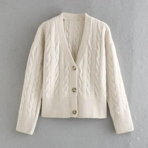 ZA New Autumn Winter Knitted Female Decorati Loose Knit Sweater Coat Retro Solid Color V Neck knitted cardigan Women Jacket
