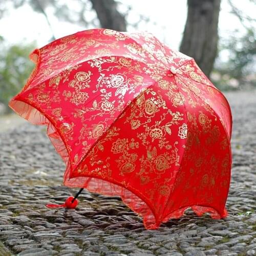 Princess wedding folding arched lace anti-ultraviolet sunny umbrella sunscreen wedding umbrella three folding strong umbrella