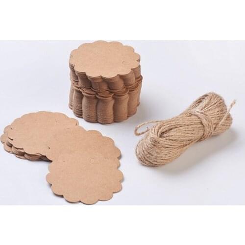 100pcs Paper Tag Price Tags with Hemp Cord String Flower for Candy/Gift/Cookies/Jewelry Display Packing Label Card 60x0.5mm