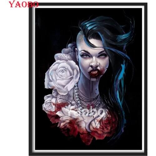 5D DIY Diamond Painting Mosaic Vampire woman with white rose Diamond Embroidery Sale Full Square Round Rhinestone Wall Decor