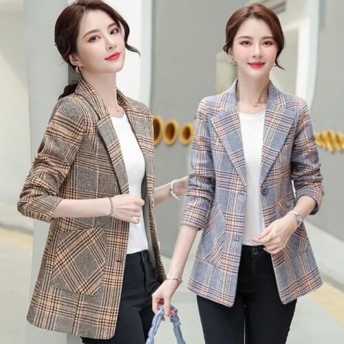 Blazer Coat Womens Spring Autumn Jacket Korean Short Plaid Slim Woolen Suit Jacket Plus size Single-breasted Female Outwear Top