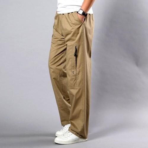 Mens Khaki Pants Large Size Straight Fit Side Pockets Wide Leg Cotton Black Cargo Pants Work Trousers Male Big Sizes 5XL