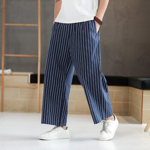 Men Striped Casual Straight Loose Wide Leg Pants Plus Size 5Xl-M Traditional Pantalon Hombre Mens Nature Cotton Baggy Pant