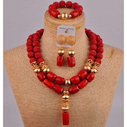 Dubai Red Coral Jewelry Set Costume Necklace African Coral Set Nigerian Wedding Coral Bridal Jewelry Sets C-49-A5