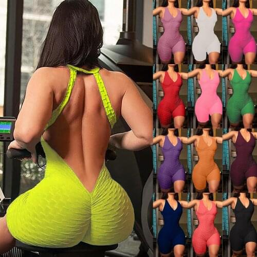 Sexy Short Jumpsuits Women Fitness Skinny Sports Overalls Solid Backless Breathable Elasticity Sleeveless Rompers