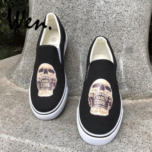 Wen Shoes Skate Men Canvas Upper Design Zombie Skull Opened Mouth HARD CORE Slip On Flats Women Sneakers Black White 2 Choices